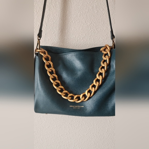 Viola Castellani Genuine Leather Handbag Blue Teal w Chunky Chain Accent - Picture 3 of 10